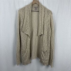 Chicos Tan Ramie Cotton Knit Open Front Waterfall Beachy Cardigan Women’s Size L